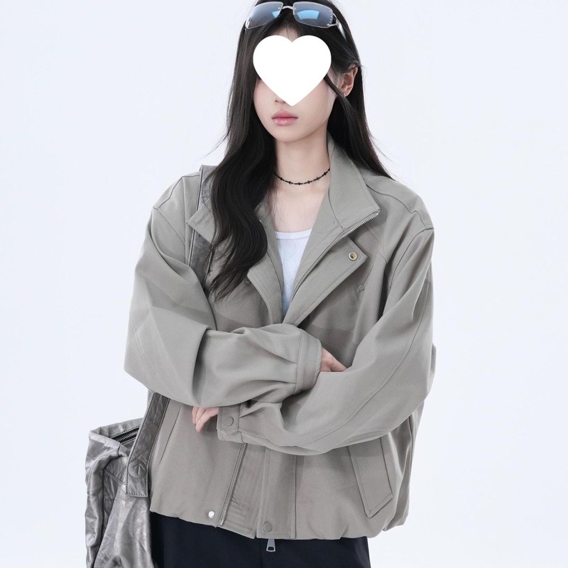 立领美式复古潮牌工装夹克上衣女秋冬季宽松设计感小众廊形外套女|undefined