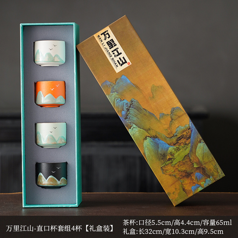 Juego de tazas de té de cerámica transformada en horno, estilo paisaje, de las dinastías Tang y Song, taza maestra de los Mil Millas de Montañas y Ríos, juego de caja de regalo con taza individual.