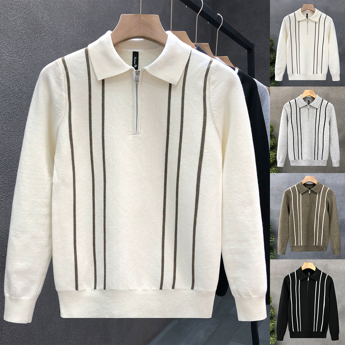 Schmal geschnittener Polo-Strickpullover für Herren mit halbem Reißverschluss und Streifenmuster – atmungsaktiv, dehnbar und maschinenwaschbar – Business-Casual-Pullover_voghion.com