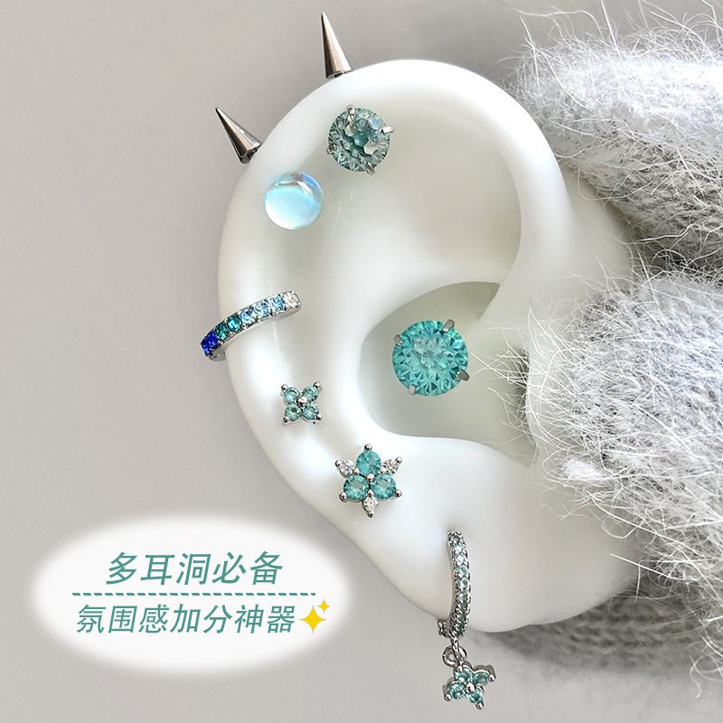 F136 Titanium Alloy Ear Studs with 0.9 Internal Thread, Super Cool Green Zirconium Series Devil Ear Studs, 1.2 Thick Titanium Steel Ear Jewelry