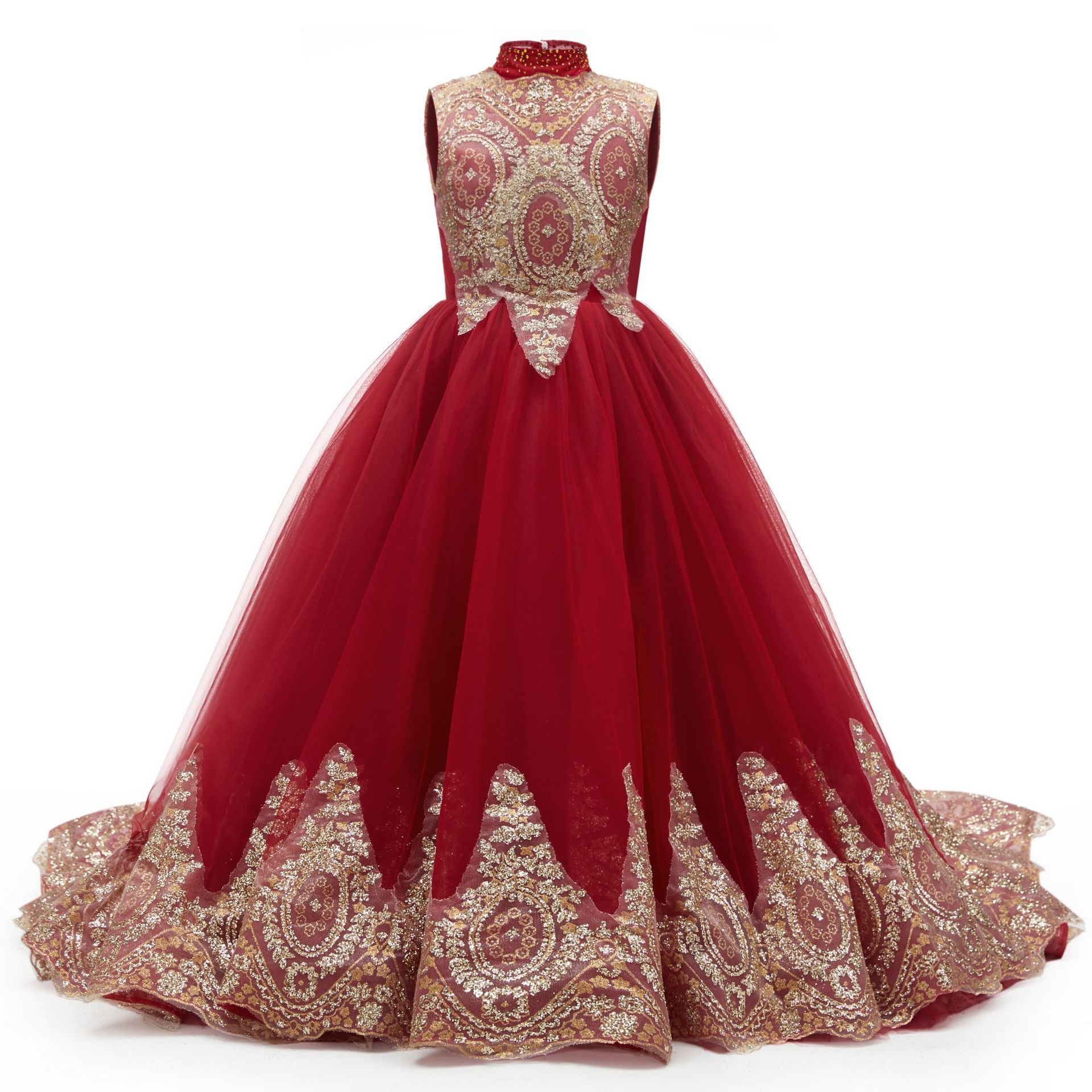 Vestidos de boda transfronterizos europeos y americanos para niñas, vestidos sin mangas para niñas, vestidos de presentación, vestidos de princesa con cola abullonada para niñas de las flores.