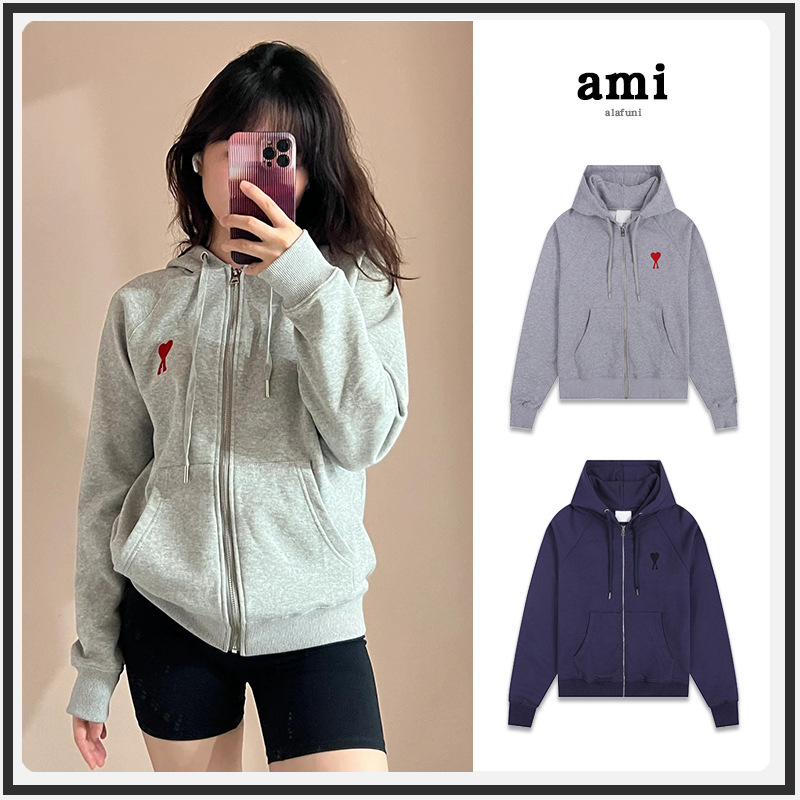 重磅！ami拉链连帽2025新款卫衣爱心刺绣开衫运动上衣开衫外套女|undefined