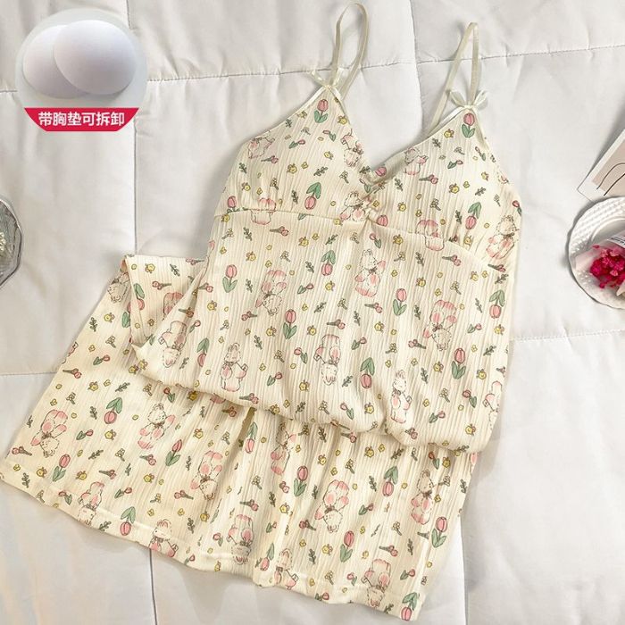 Venta al por mayor transfronteriza de tela arrugada de algodón de imitación de verano con almohadilla para el pecho, camisón, camisón, servicio a domicilio, pijamas de mujer, impresión fresca de comercio exterior