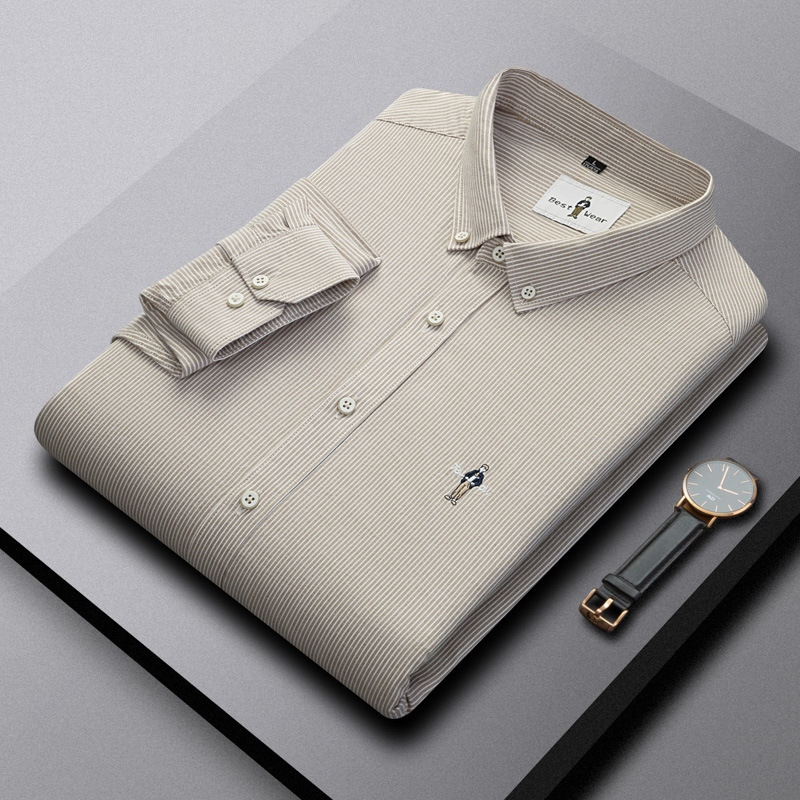 100% Pure Cotton Brushed Stripesd Long-Sleeved Men's Shirt, Comfortable and Breathable Business Simple Stereo Embroidered Men's Shirt
