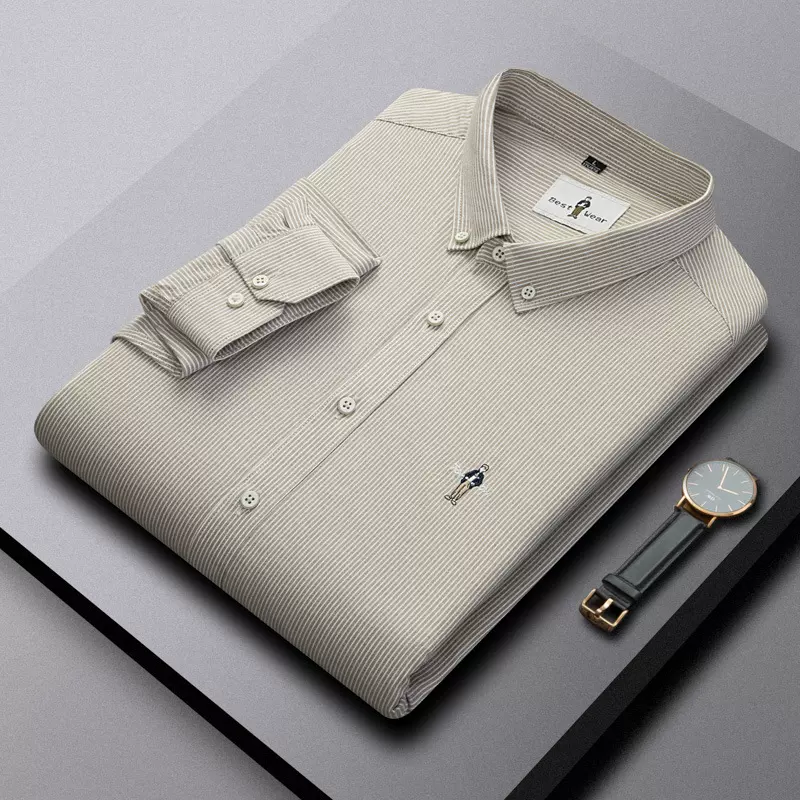 100%纯棉磨毛条纹长袖男士衬衫舒适透气商务简约立体刺绣男衬衣衫