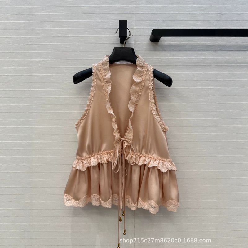 Shenzhen Nanyou 26 New Style Lace Sleeveless Top with Layered Ruffle Lace Details and Delicate Pleated Waist