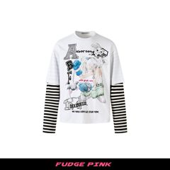 Fudge Pink 25秋季New美式复古趣味卡通图案设计长袖T恤