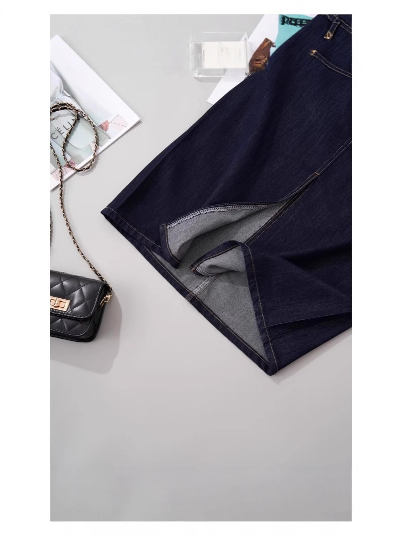Chân váy denim chữ A Lycell mỏng mùa hè, dáng dài vừa, xẻ tà, rộng rãi tôn dáng — Xanh denim