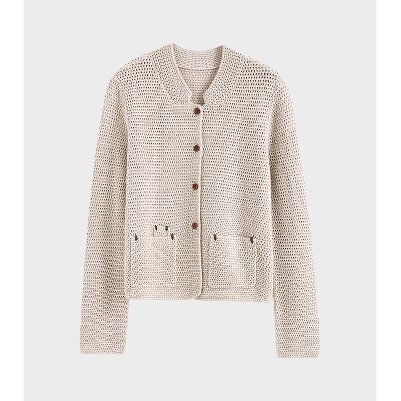 【LP定单】2025年秋新款立领镂空针织开衫女绵羊毛山羊绒混彷上衣