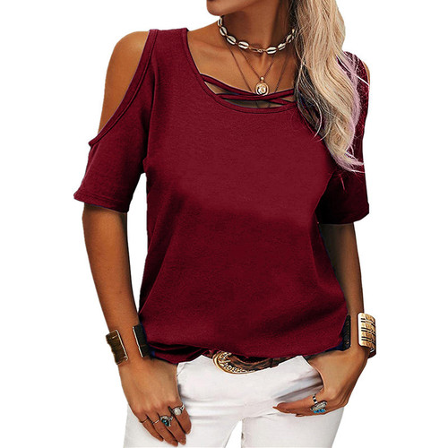 2025 Spring/Summer Casual Fashion Women's Clothing—European and American Cross-Border Amazon/Wish Solid-Color Off-Shoulder Loose Short-Sleeved T-Shirt for Women