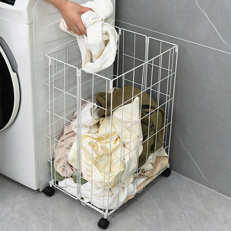 Household Bathroom Laundry Basket Bathroom Sandwich Dirty Clothes Basket Cross-Border Iron Multi-Functional Wheeled Dirty Clothes Basket Wholesale