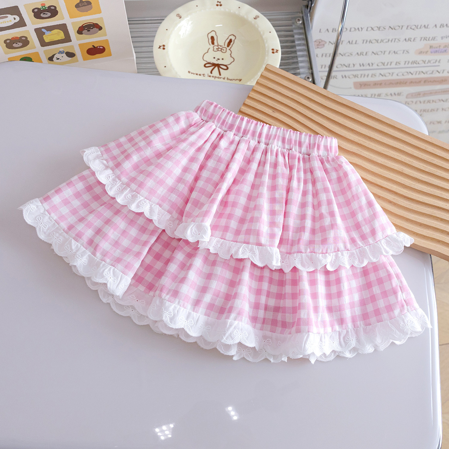 Girls' 2026 Summer Pink Plaid Lace Skirt, Children's Sweet Cake Skirt, Versatile Anti-Exposure Short Skirt for Baby Girls