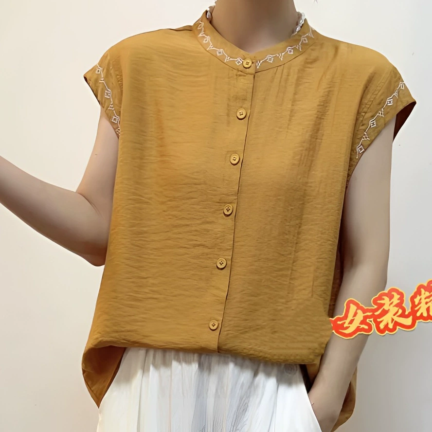 Летний новый стиль, иностранный стиль, универсальная рубашка с принтом для похудения и уменьшения возраста, женственная элегантная повседневная футболка чистого цвета с короткими рукавами