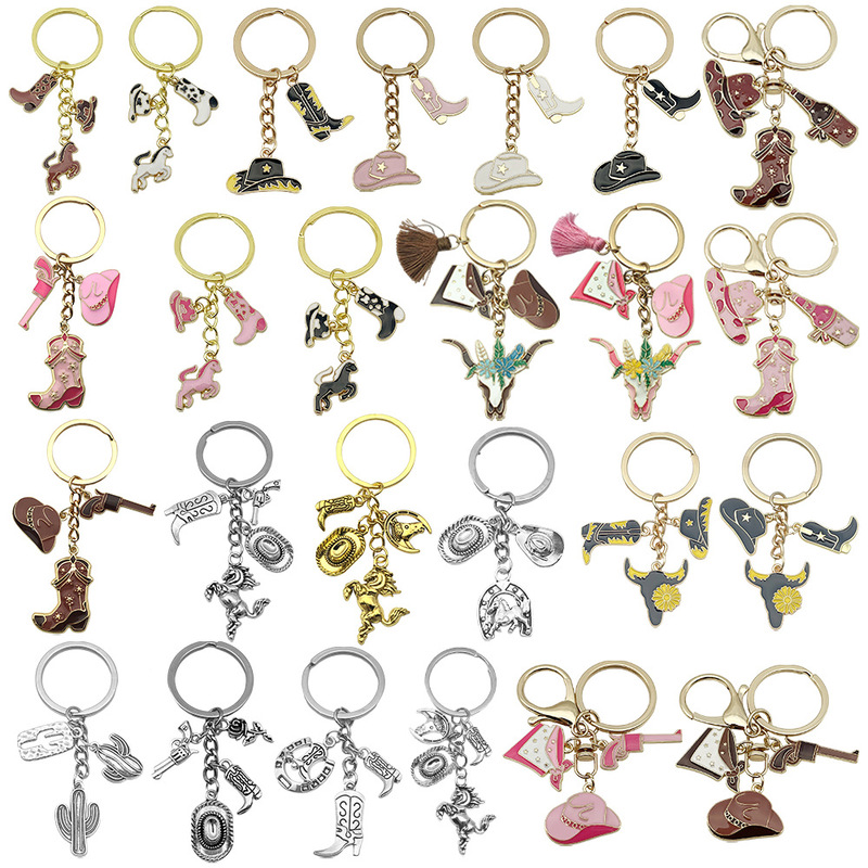 Cross-Border Amazon Best-Selling Vintage Silver/Oil-Drip Western Cowboy Hat and Pistol Keychain Creative Accessory Pendant Cross-Border Amazon Best-Selling Vintage Silver/Oil-Drip Western Cowboy Hat and Pistol Keychain Creative Accessory Pendant