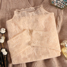 加绒中领蕾丝打底衫女内搭配毛衣洋气冬季法式氛围感高领网纱上衣