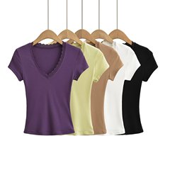 甜妹夏季V領蕾絲花邊T恤彈力修身時尚收腰打底衫