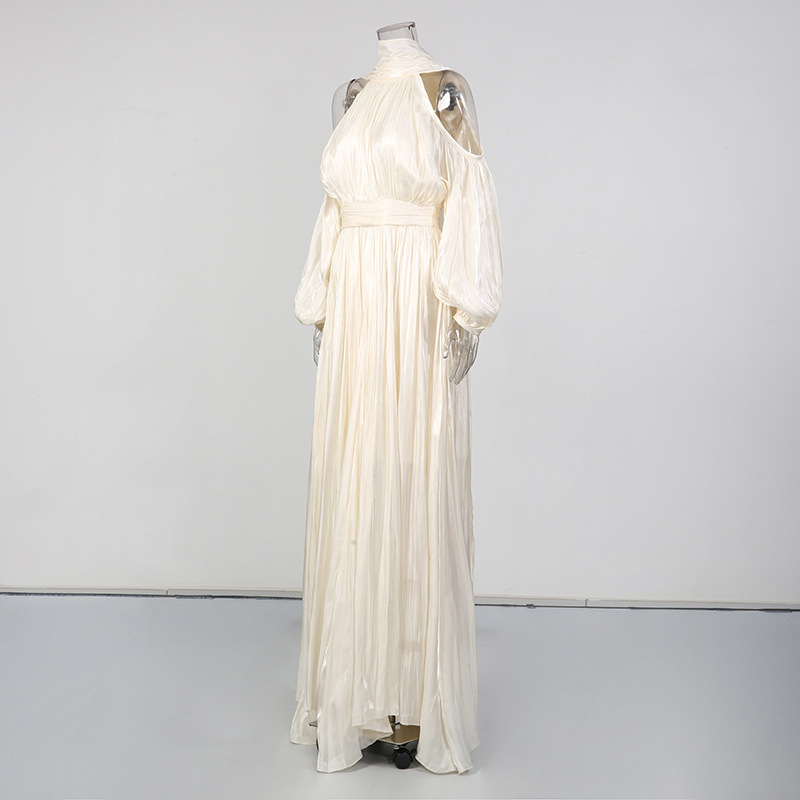 Elegant Socialite Style Women's Dress off Shoulder Halter Neck Long Sleeve Slim Fit Evening Gown for Spring 2026_ecoleips.com