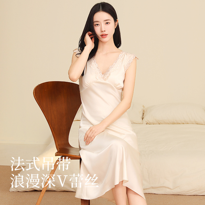 French Nightgown Ice Silk Women's Summer Elegant and Sexy Imitation Silk Pajamas V Neck Lace High-End Home Wear Long Skirt