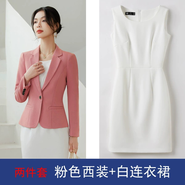 Fuchsia classic suit jacket, white dress