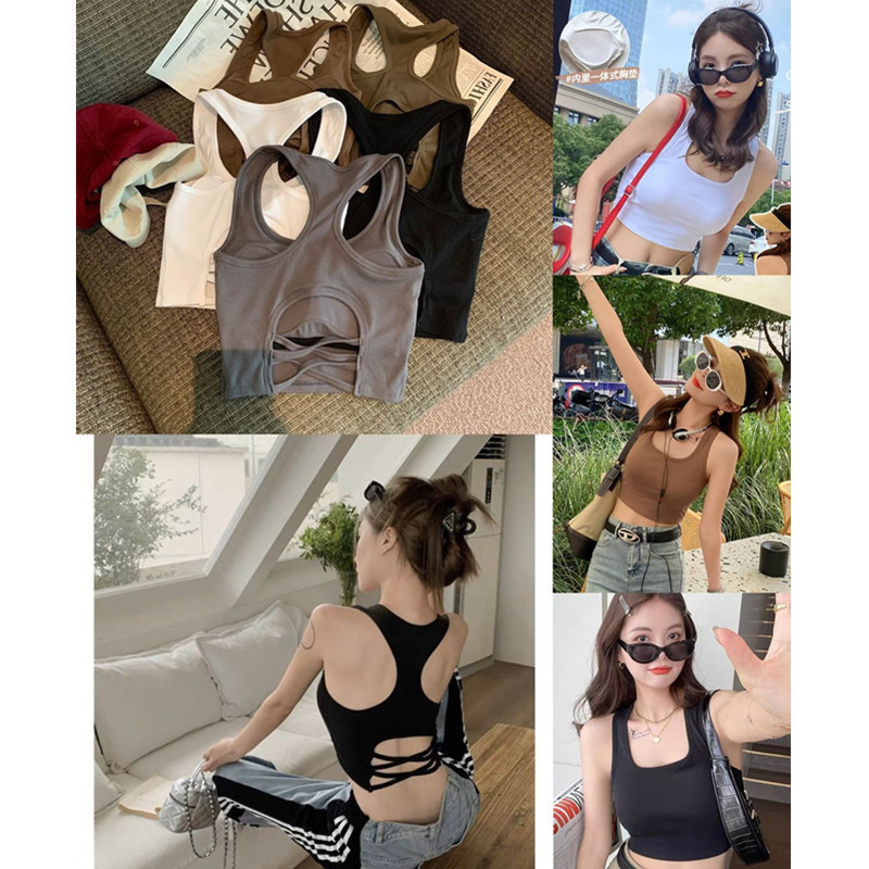 Seamless New Sweet and Spicy Hollow Sexy Backless Camisole Women's Padded Square Neck Outer Short Top Seamless New Sweet and Spicy Hollow Sexy Backless Camisole Women's Padded Square Neck Outer Short Top