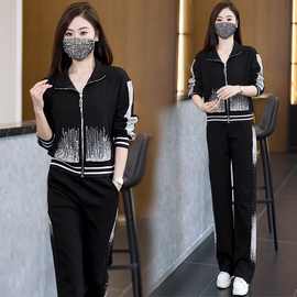 运动服套装女春秋穿搭高级感新款洋气重工烫钻上衣阔腿裤两件套潮