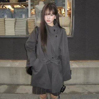 现货/博主同款PICKY韩国潮牌立领系带风衣外套韩系女宽松上衣