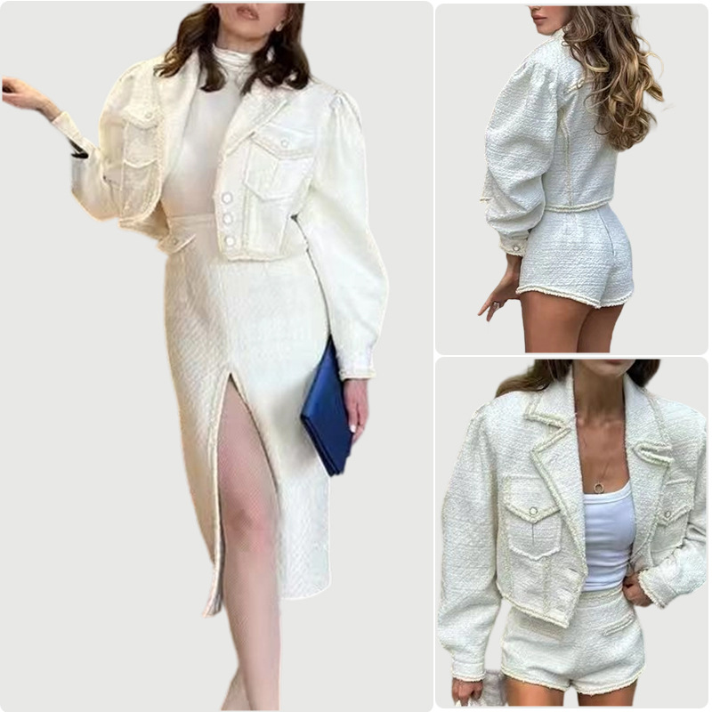 European and American New 2025 Autumn and Winter Design Small Fragrant Tweed Off-White Elegant Versatile Slim Short Jacket for Women