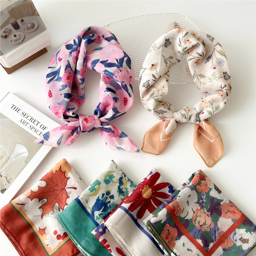 55 cotton and linen small square scarf, small silk scarf for women, spring, autumn and summer, soft, artistic, fresh, breathable, decorative, versatile small scarf