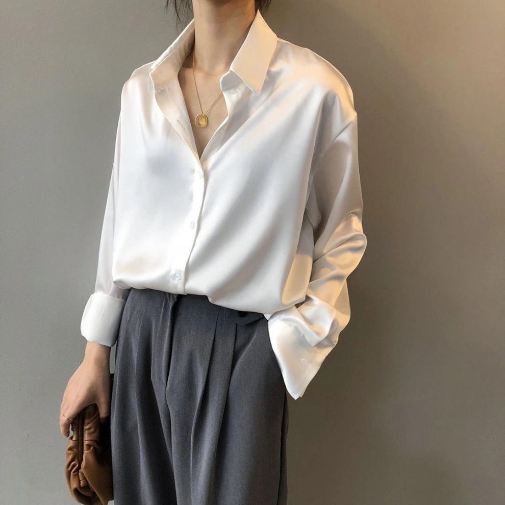 Women's Clothing acetate satin shirt women's glossy outer wear drape long sleeved shirt design niche light mature top spring_voghion.com