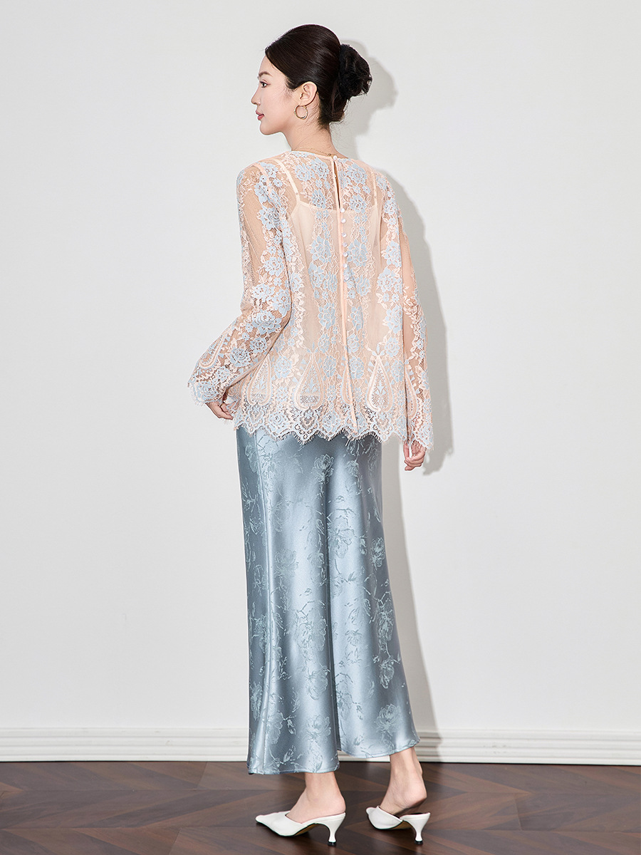 Áo sơ mi ren jacquard phong cách Pháp thanh lịch tay dài — Màu hồng