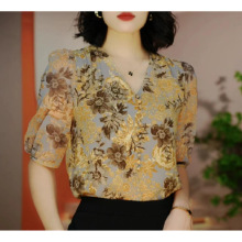 2025夏季中袖印花衬衫中性风套头宽松型雪纺衫修身遮肚子小衫381