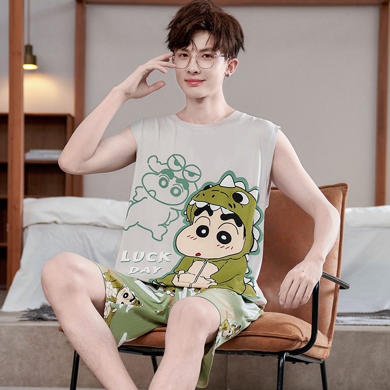 Modal Pajamas Men's Summer Thin Vest Sleeveless Shorts suit Teenagers Summer Cartoon Home Clothes