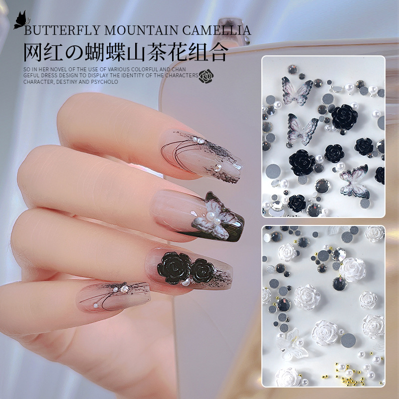 Chica caliente estilo manicura negro Rose Bow perla paquete material Camelia Flat flash diamante desgaste uñas joyería
