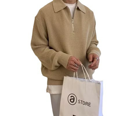 Japanese-Inspired Half-Zip Knit Sweater – Oversized Relaxed Pullover With Stand Collar (M-3XL, Beige/Gray/Black)_voghion.com