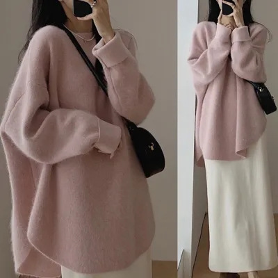 Autumn and Winter Korean Style Plus-Size Pullover Sweater for Chubby Women, Mid-Length Japanese Style Lazy Split Knit Sweater