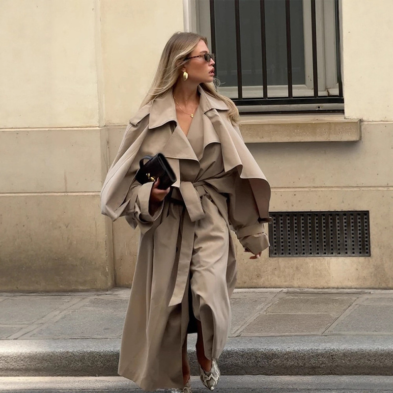 In Stock - British Style Solid Color Long Trench Coat with Cape Sleeves for Women, Popular Model, New Autumn 2026, Cross-Border European and American Style In Stock - British Style Solid Color Long Trench Coat with Cape Sleeves for Women, Popular Model, New Autumn 2026, Cross-Border European and American Style