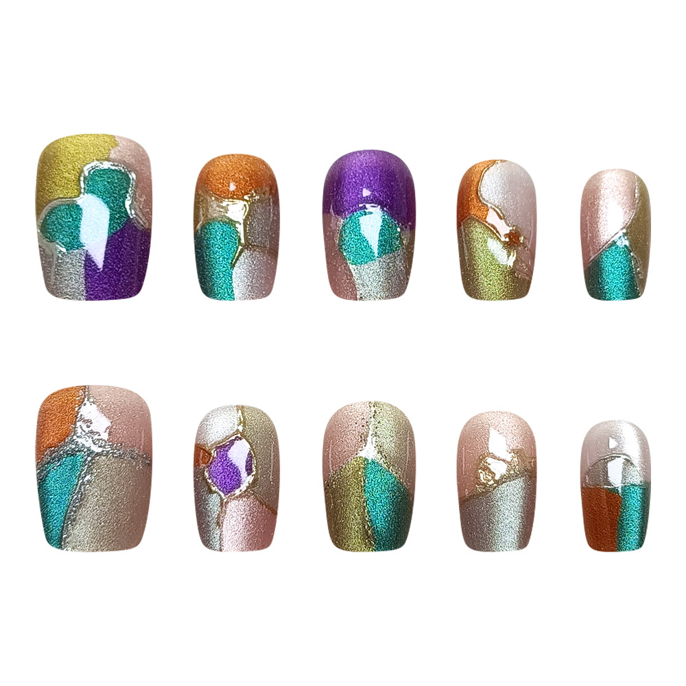 Tapa de uñas de impresión de cromancia retro, línea dorada, uñas de uñas de ojo de gato, 10 piezas de uñas portátiles hechas a mano