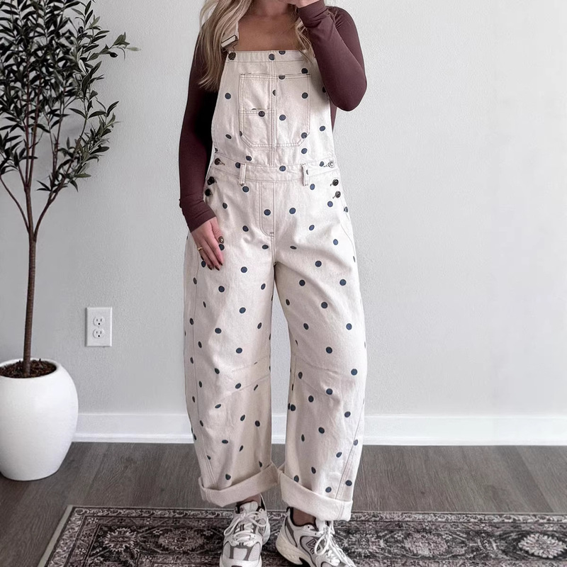 European and American Fashion Trend Polka Dot Print Jumpsuit for Women 2026 Summer New Style Multi-Pocket Denim Overalls for Women