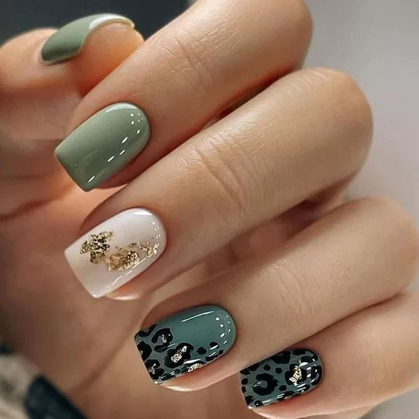 Foreign trade small fresh green leopard print fashion gold foil nail art high-end all-match sweet cool hot girl environmental protection wear armor