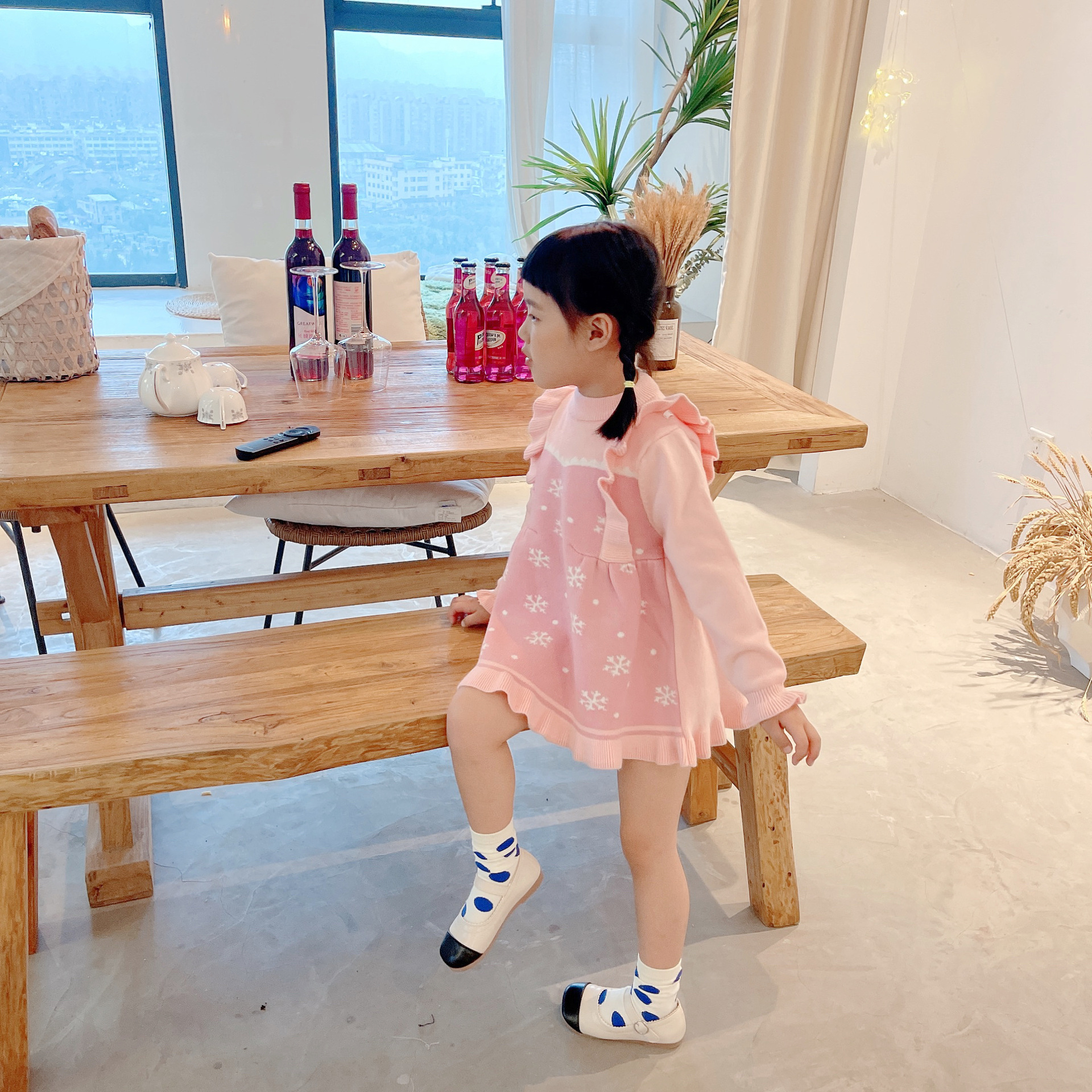Girls' Woolen 2021 Children's Sweet Korean Edition Western style Ice and Snow Romance Knitted Dress 9002_voghion.com
