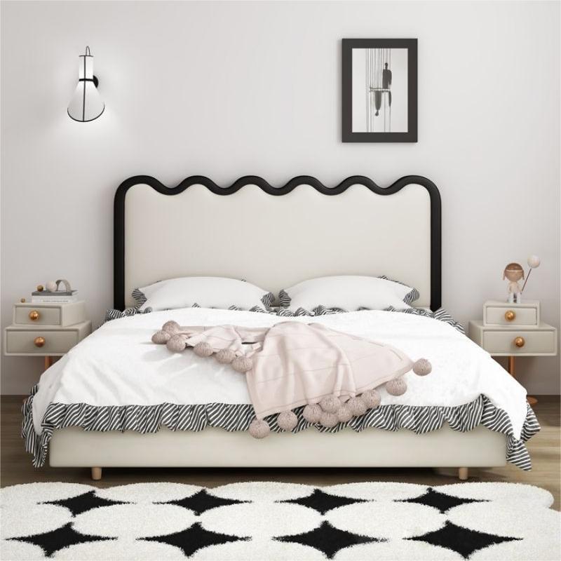 Estilo crema francés ondulación de la cama de cuero real Luz de lujo pequeño apartamento estilo tranquilo ins Internet celebridad cama suave dormitorio principal 1,8 cama doble