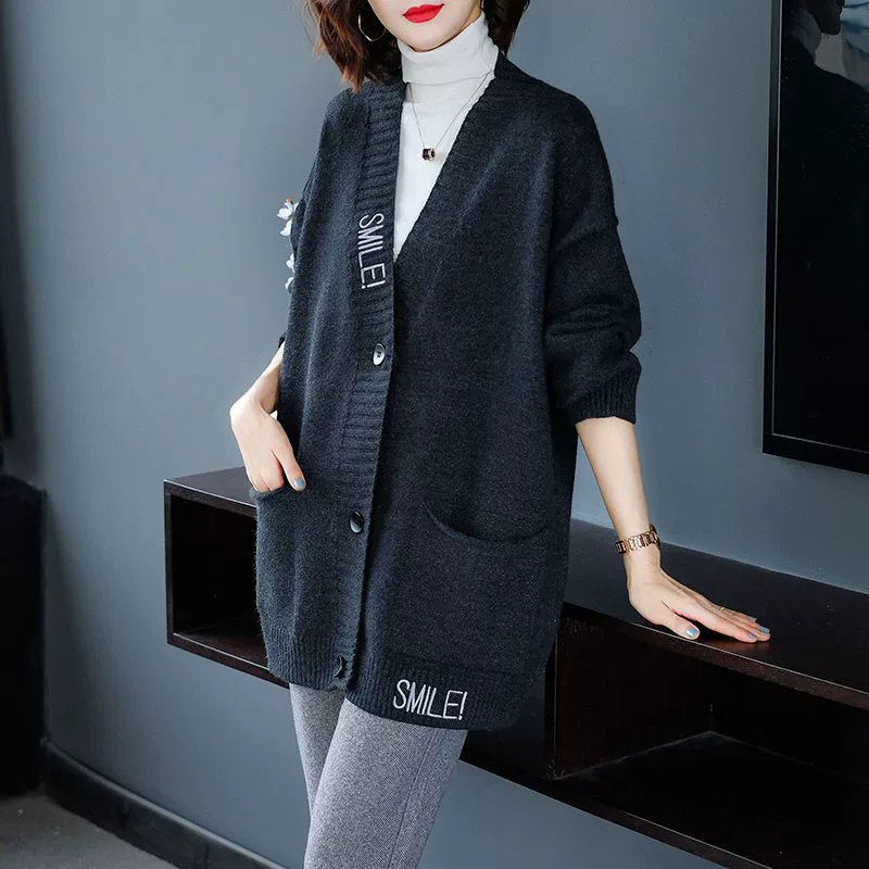 Свитер-кардиган, пальто, женская верхняя одежда средней длины, свободная одежда в Корейском стиле с вышитыми буквами и вышивкой, Весенняя женская одежда с длинным рукавом