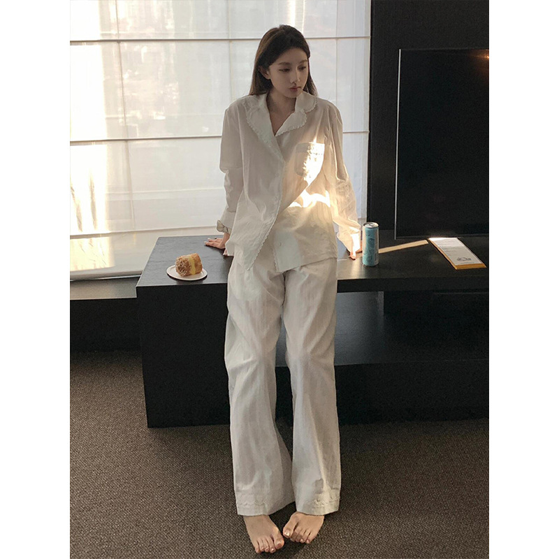 白色设计感花边翻领长袖睡衣女春秋宽松休闲高级感气质家居服套装|undefined