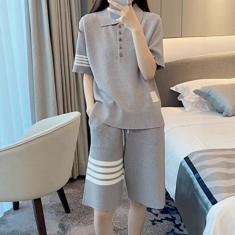 Korean Style Waffle Small Fragrance Women's Suit Stripesd Polo Shirt + Shorts Two-Piece Casual Sports Suit for Women