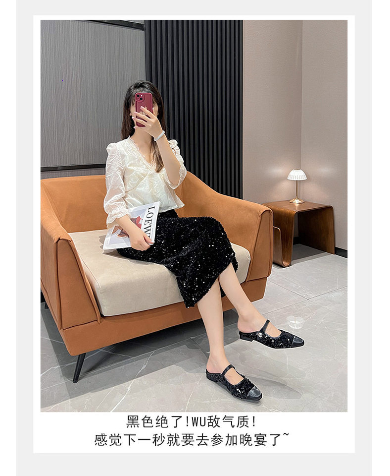 Dép mule sandal nữ bít mũi vuông quai ngang đính sequin lấp lánh, gót thấp 1–3 cm — Màu bạc, Màu đen chi tiết 18