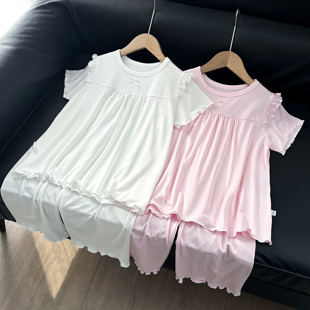 Girls' Short-sleeved Pajamas Home Clothes suit Modal Spring and Summer Thin Children's Air-conditioning Clothes Lace Princess Style