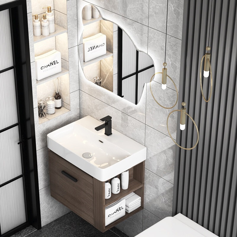 Solid Wood Bathroom Cabinet for Small Apartments, Washbasin Cabinet Combination with Side Storage, Integrated Ceramic Washbasin Cabinet Solid Wood Bathroom Cabinet for Small Apartments, Washbasin Cabinet Combination with Side Storage, Integrated Ceramic Washbasin Cabinet