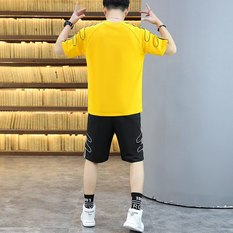 Pantalones cortos traje deportivo verano de los hombres Nueva suelta casual de dos piezas transpirable hielo de seda de manga corta Camiseta de cinco puntos Pantalones