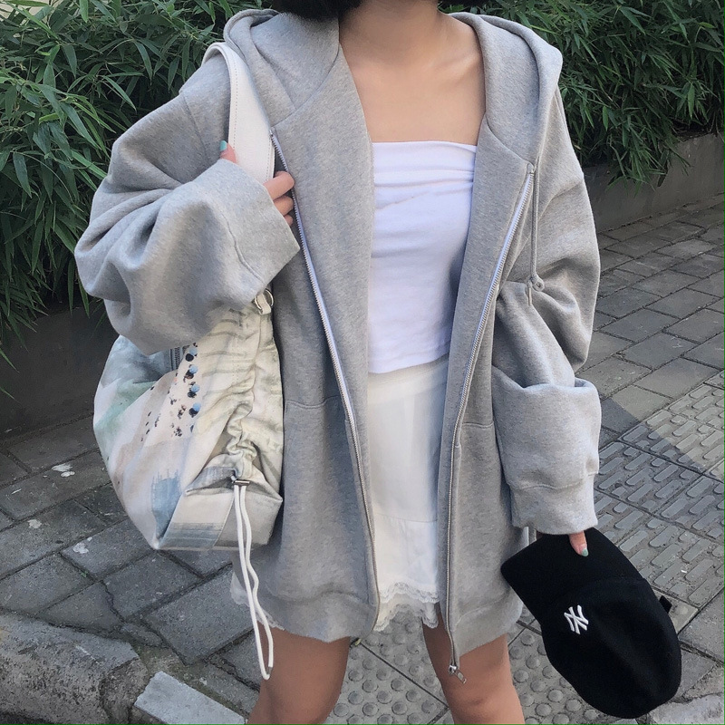 グレーのフード付きスウェットシャツの女性の新しいルーズベルベットカジュアルスポーツコート春と秋の長袖ジッパーカーディガントップ|undefined