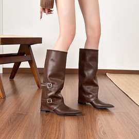 【现货】尖头不过膝长靴女粗跟长筒靴棕色复古骑士靴皮带扣炸街